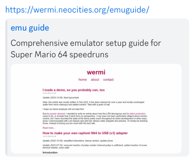 A Discord embed, with a title 'emu guide', description 'Comprehensive emulator setup guide for Super Mario 64 speedruns', and an image. The embedded image is a screenshot of my blog rather than the guide page.